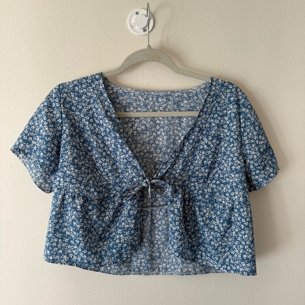 Blue Floral Tie-Front Blouse